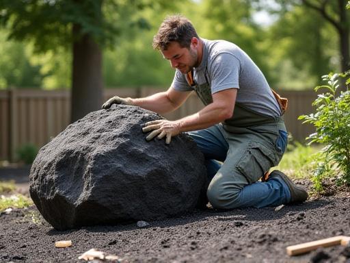 Giardiniere che posiziona una roccia vulcanica