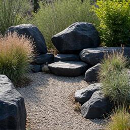 Giardino con grandi rocce vulcaniche nere